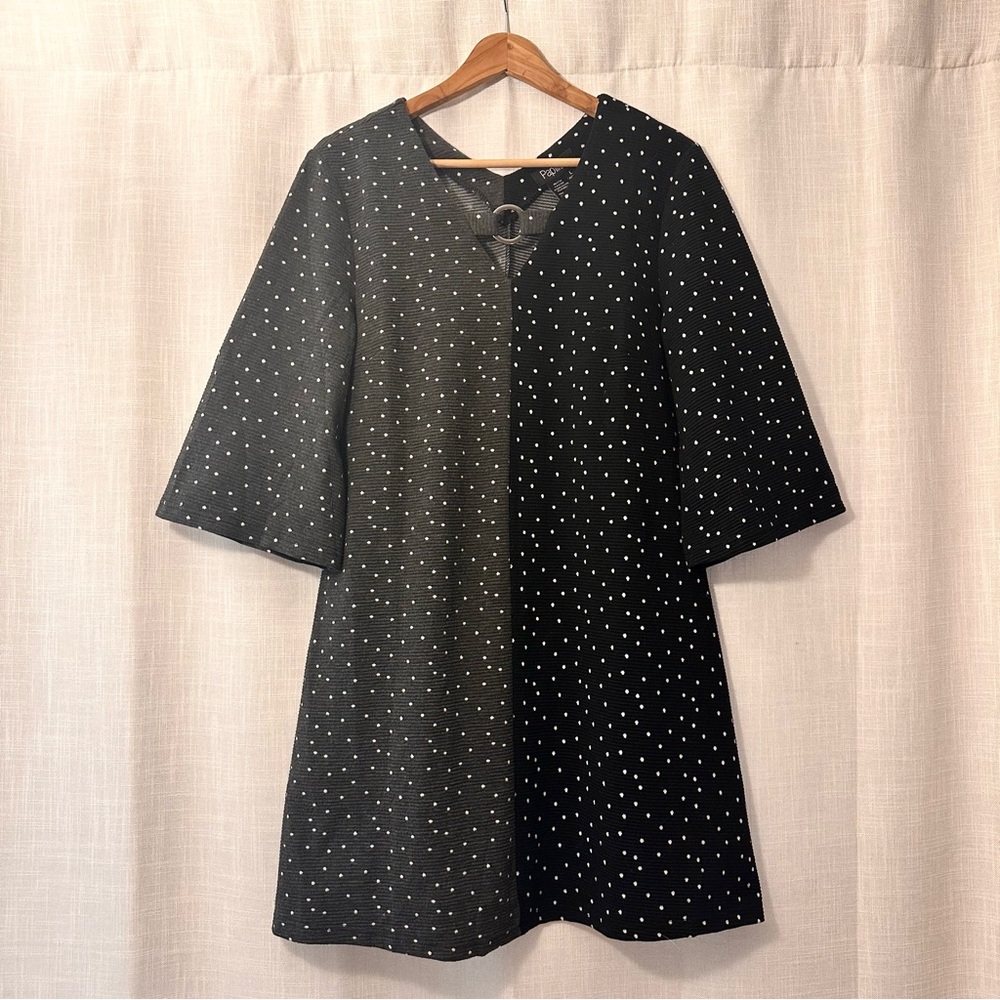 Vintage Polka Dot Two-Tone Fall V Neck Dress Women’s Large A-Line Mini Dress